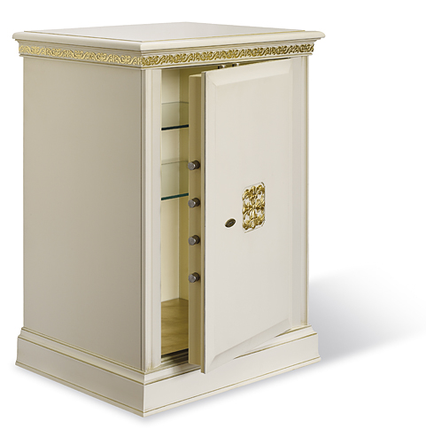 cassaforte a mobile con elegante linea con rivestimento in legno laccato impreziosito da finiture in foglia oro e dettagli di lavorazione di qualit� artigianale.Spessore porta e corpo mm.10 acciaio